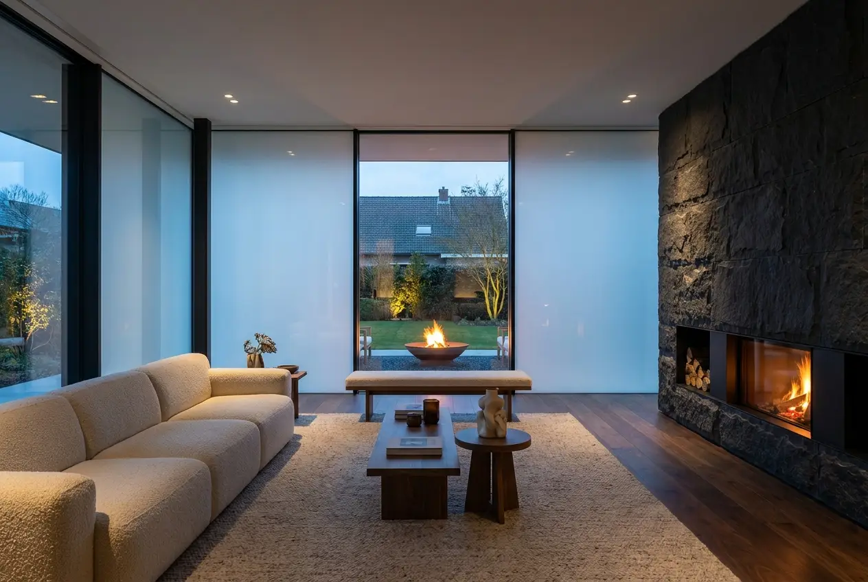 Vitrage intelligent PDLC dans une villa moderne en Belgique au crépuscule