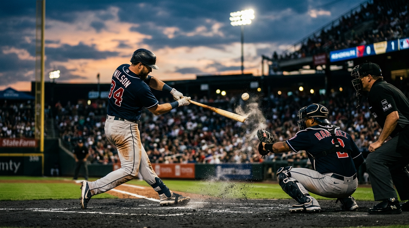 Baseball game action under stadium lights