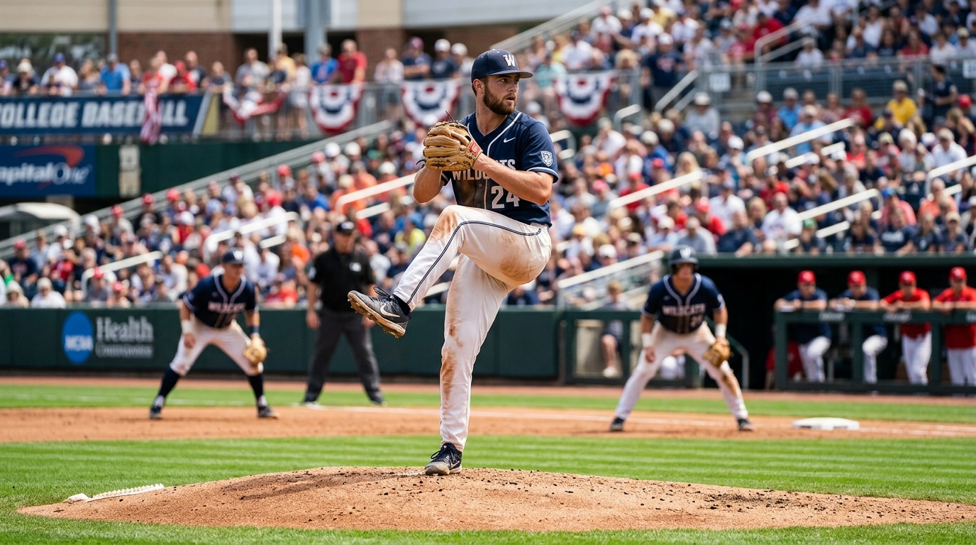 College pitcher mid-windup