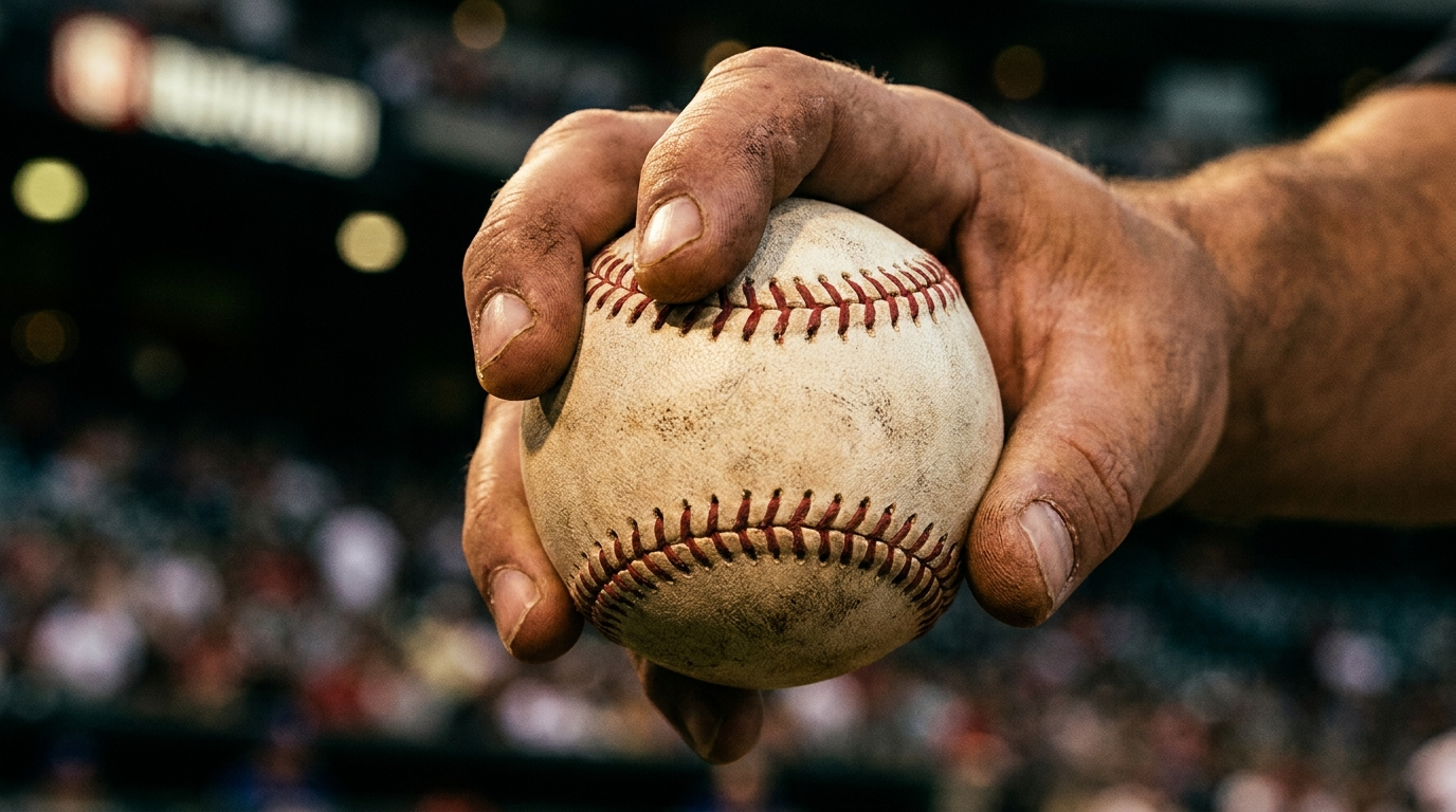 Close-up of a pitcher's grip on a baseball