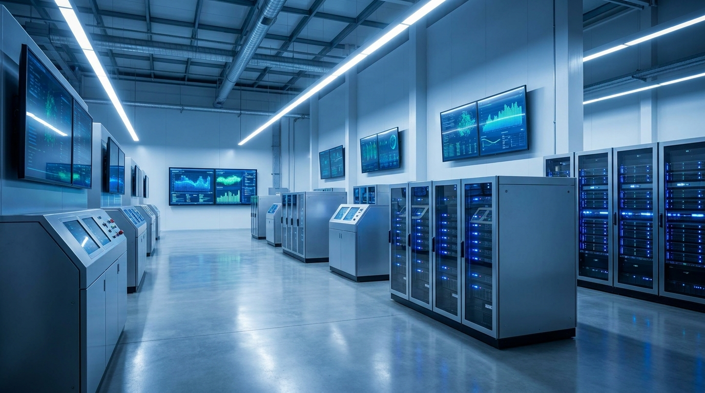 Modern manufacturing plant control room with blue-lit monitoring screens