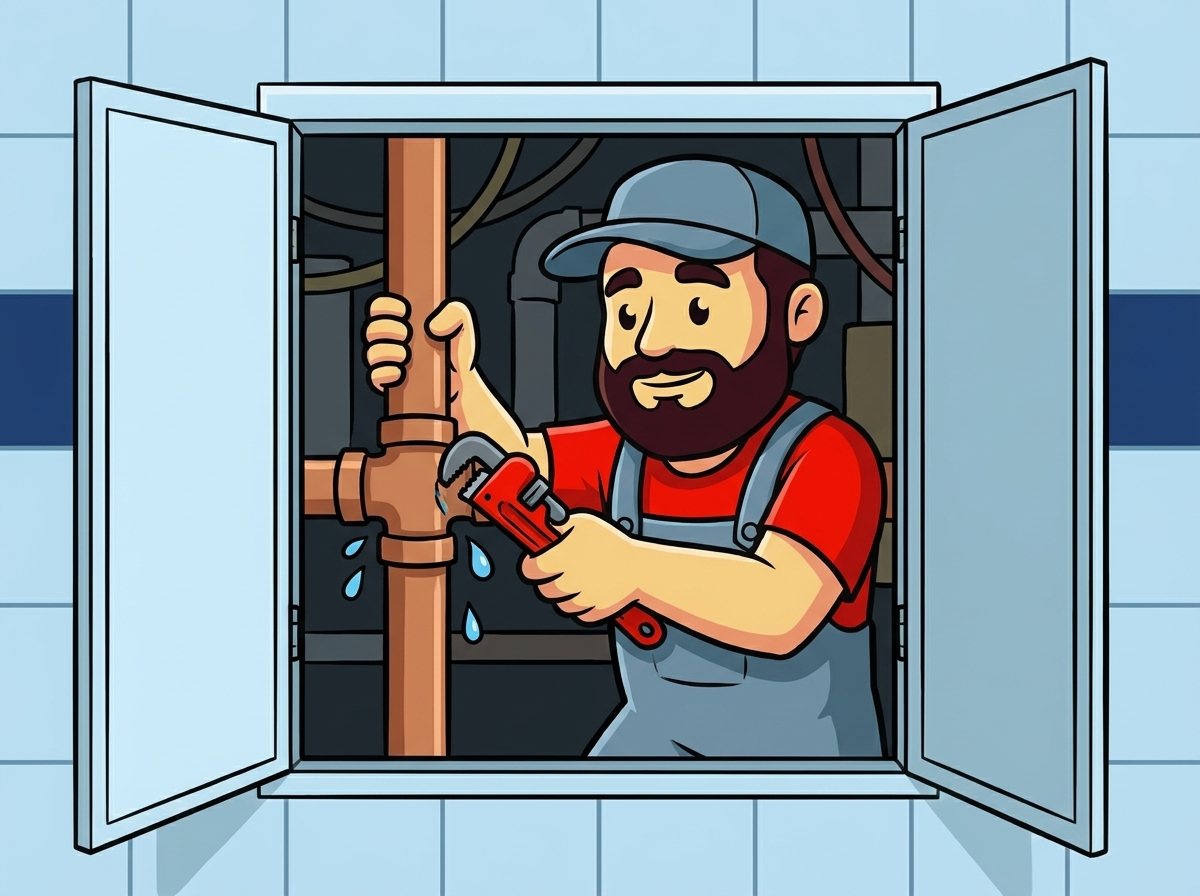 AquaTec mascot repairing a leaking pipe