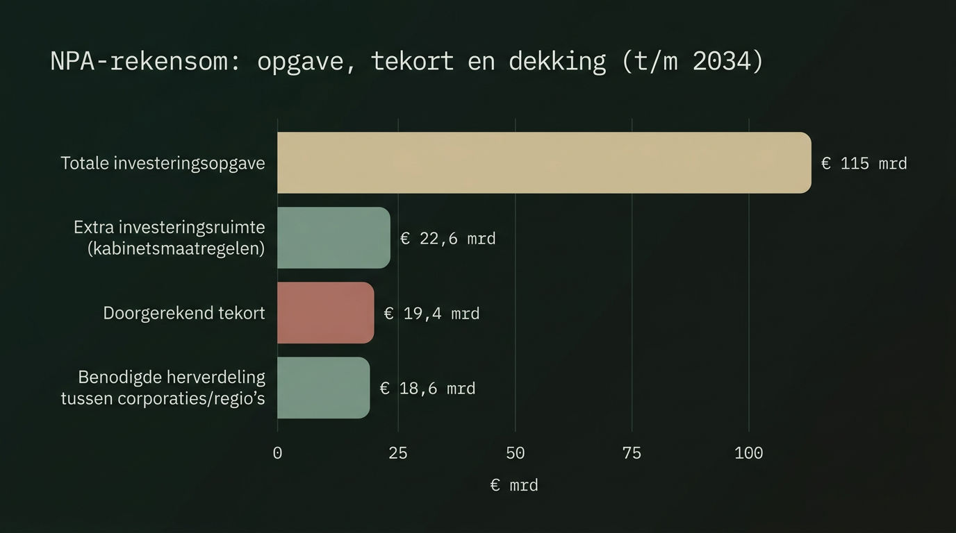 Horizontale staafdiagram van de NPA-rekensom tot en met 2034 in miljarden euro's: totale investeringsopgave € 115 mrd, extra investeringsruimte door kabinetsmaatregelen € 22,6 mrd, doorgerekend tekort € 19,4 mrd, benodigde herverdeling tussen corporaties en regio's € 18,6 mrd.