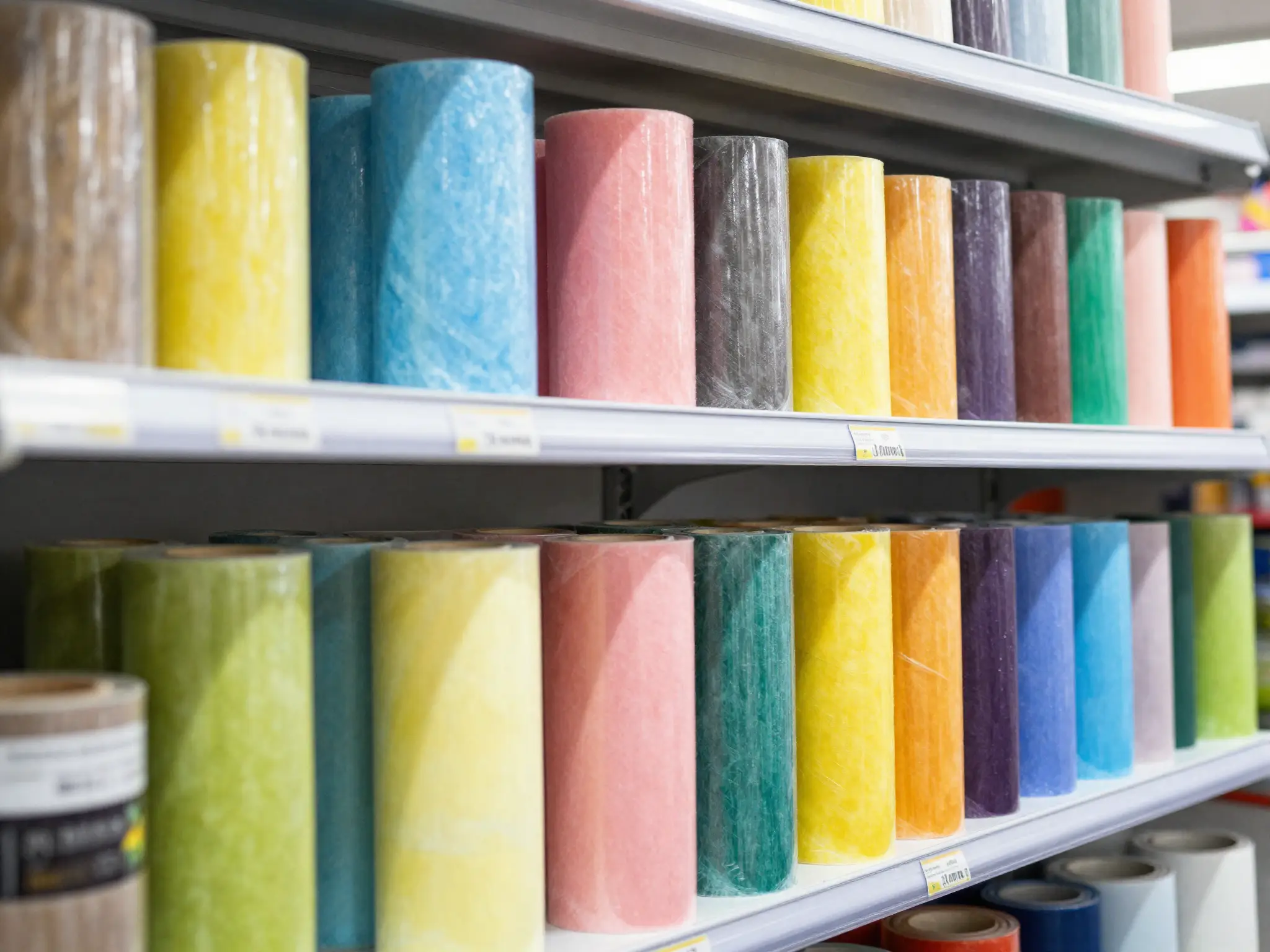 Colorful adhesive vinyl rolls on sign shop shelving