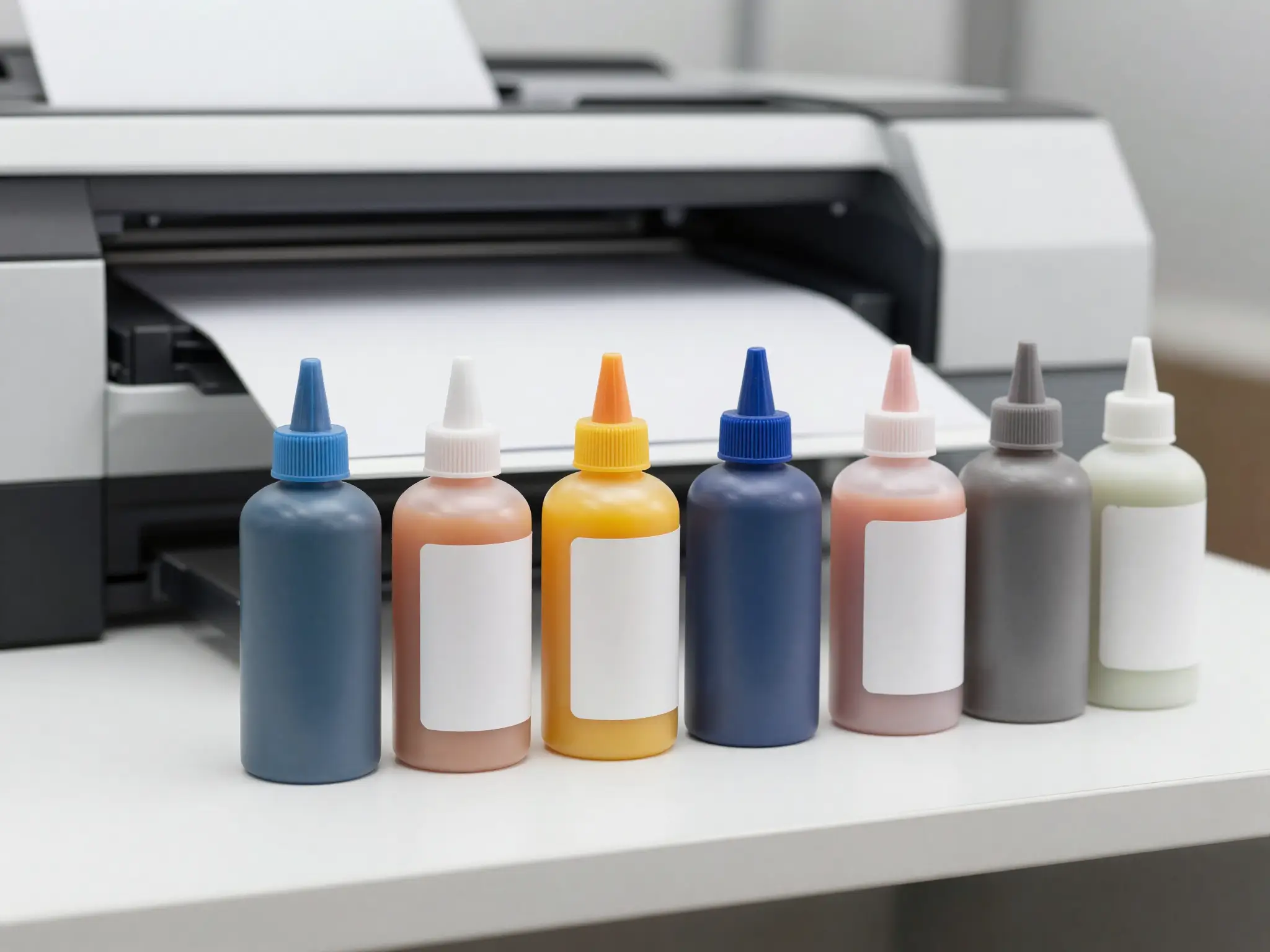 Unlabeled printer ink bottles beside a wide format printer