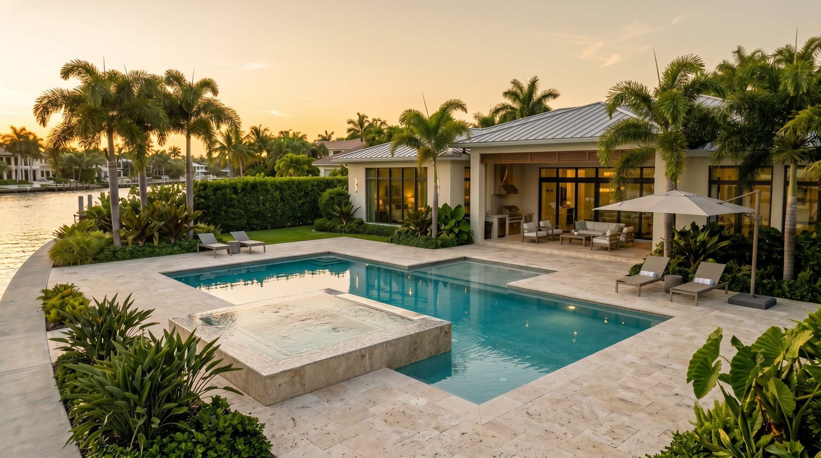 rectangle pool, golden hour