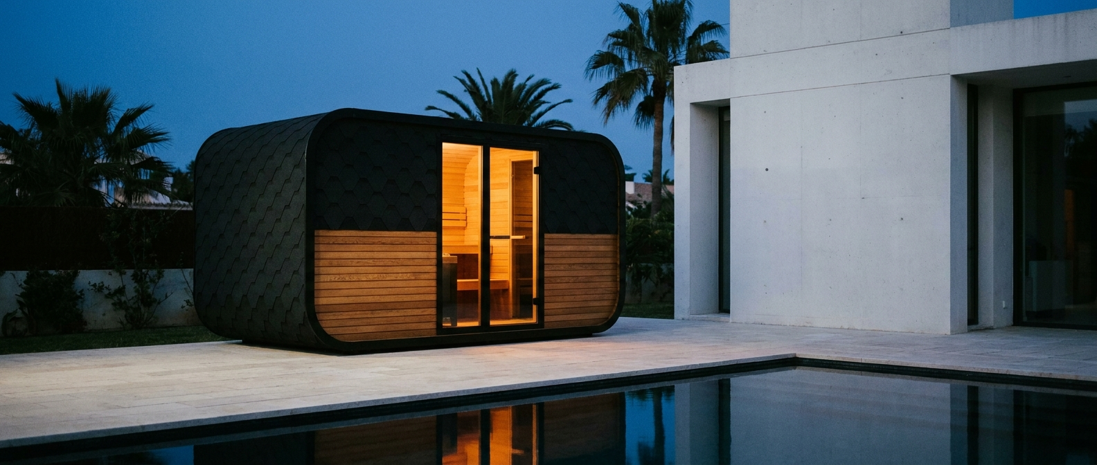A lit cube sauna room at dusk beside a pool, set on pavers.