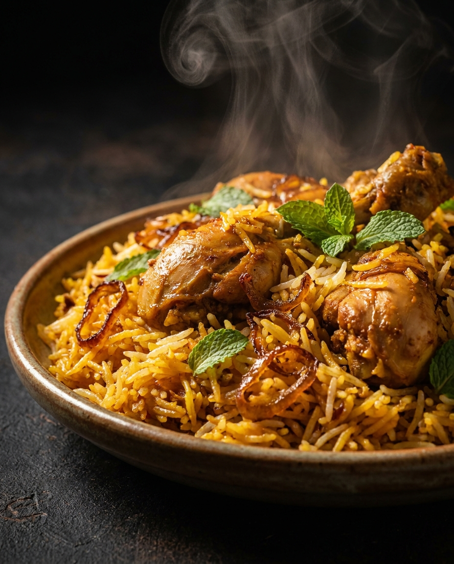 Steaming biryani close-up
