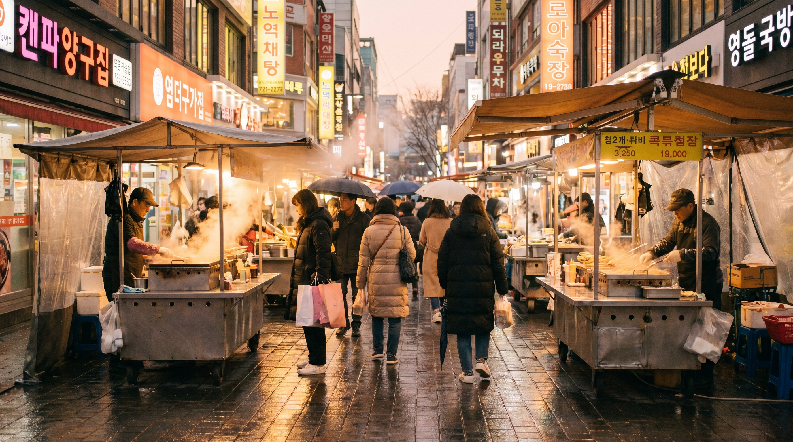 Is Myeongdong worth visiting at night — busy Myeongdong street food lanes glowing with neon in Seoul
