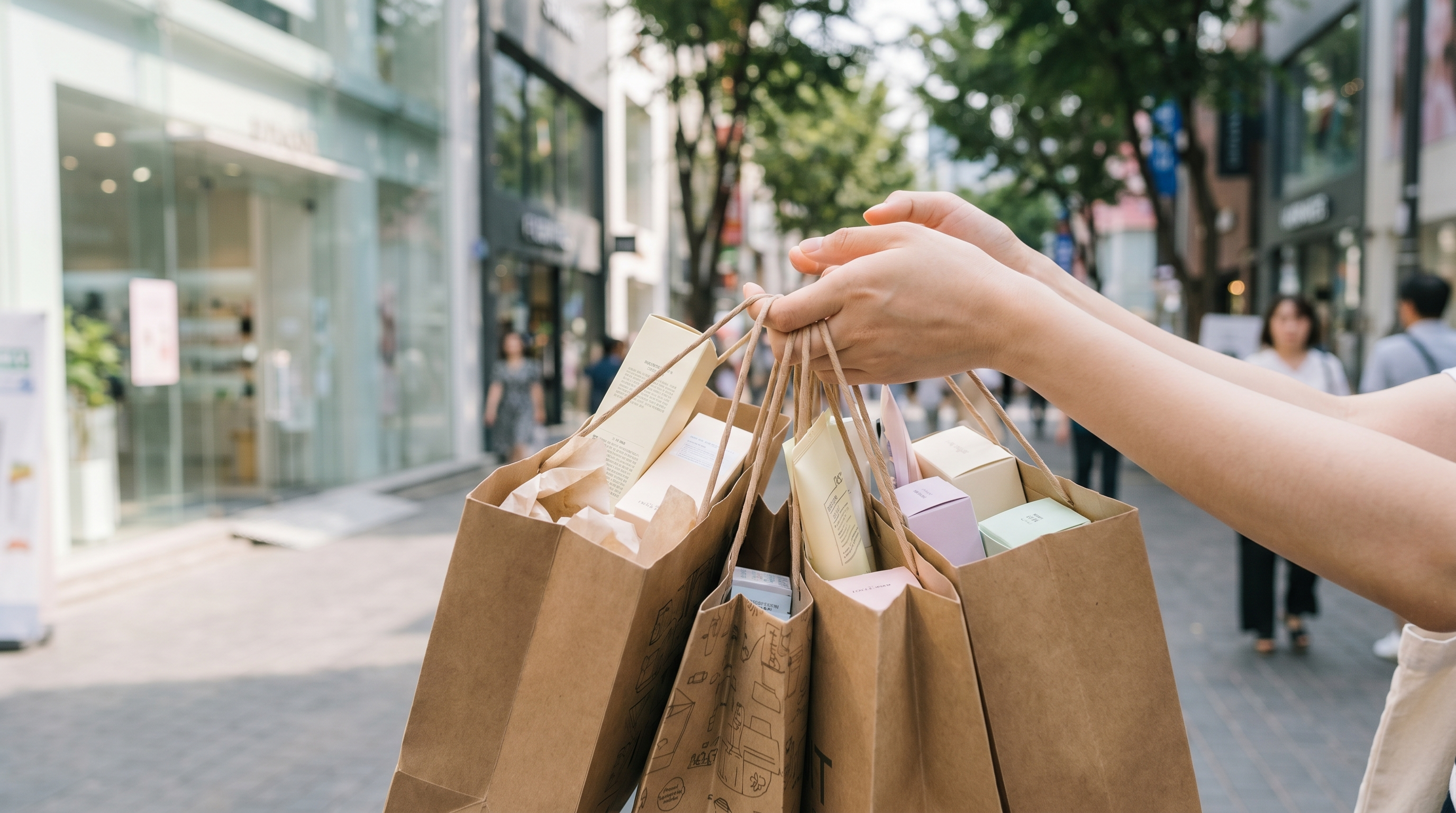 K-beauty cosmetics and skincare shopping bags on a sunlit Myeongdong street in Seoul