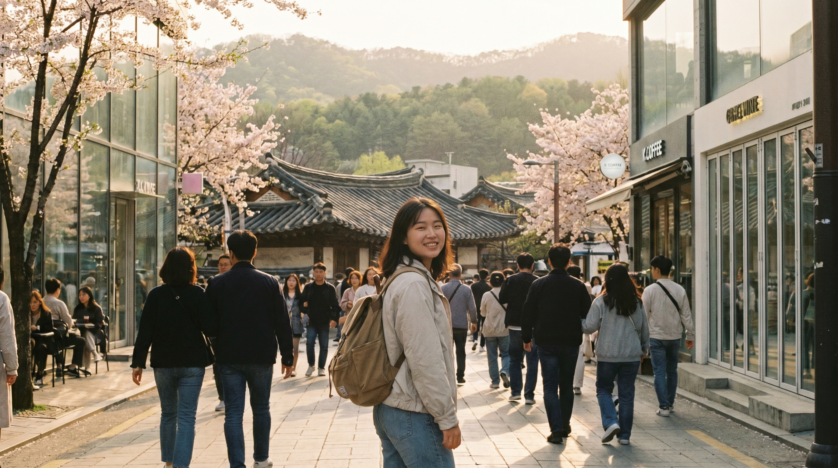 韓国旅行の注意点|軽いデイパックだけで晴れたソウルの街を歩く旅行者