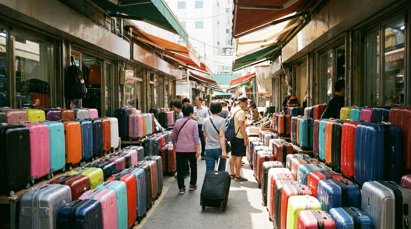 Suitcase Seoul shopping at Namdaemun Market luggage stalls