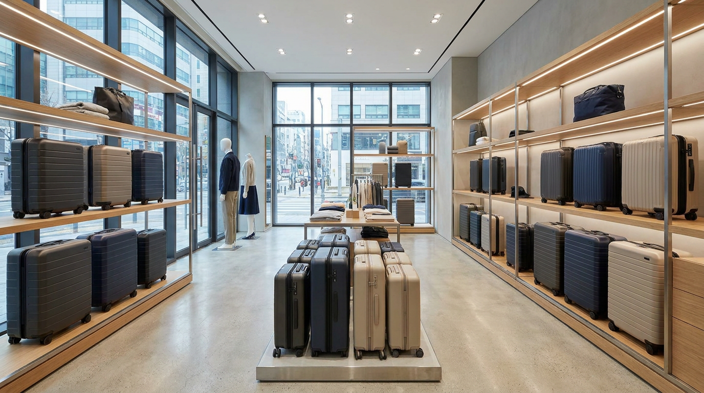 Suitcase Seoul shopping inside a modern Gangnam luggage store