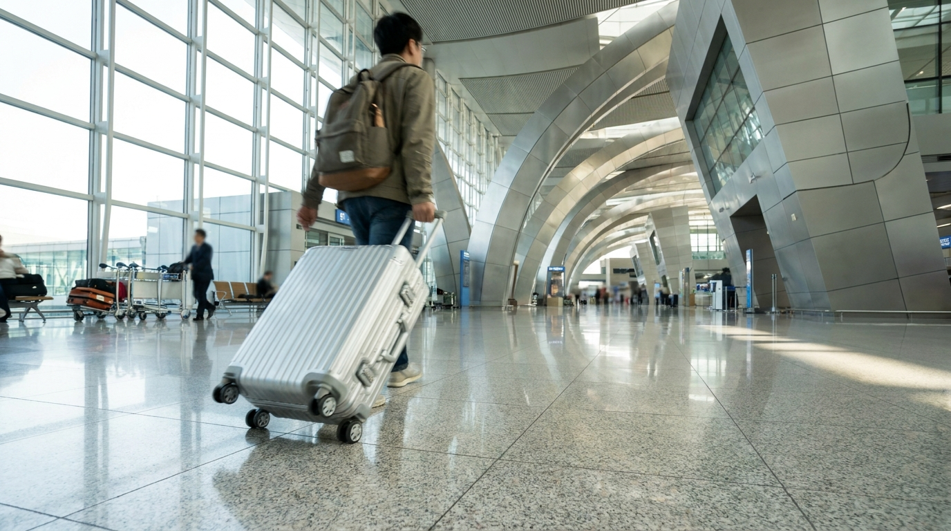 Traveler with a new suitcase Seoul purchase at Incheon Airport