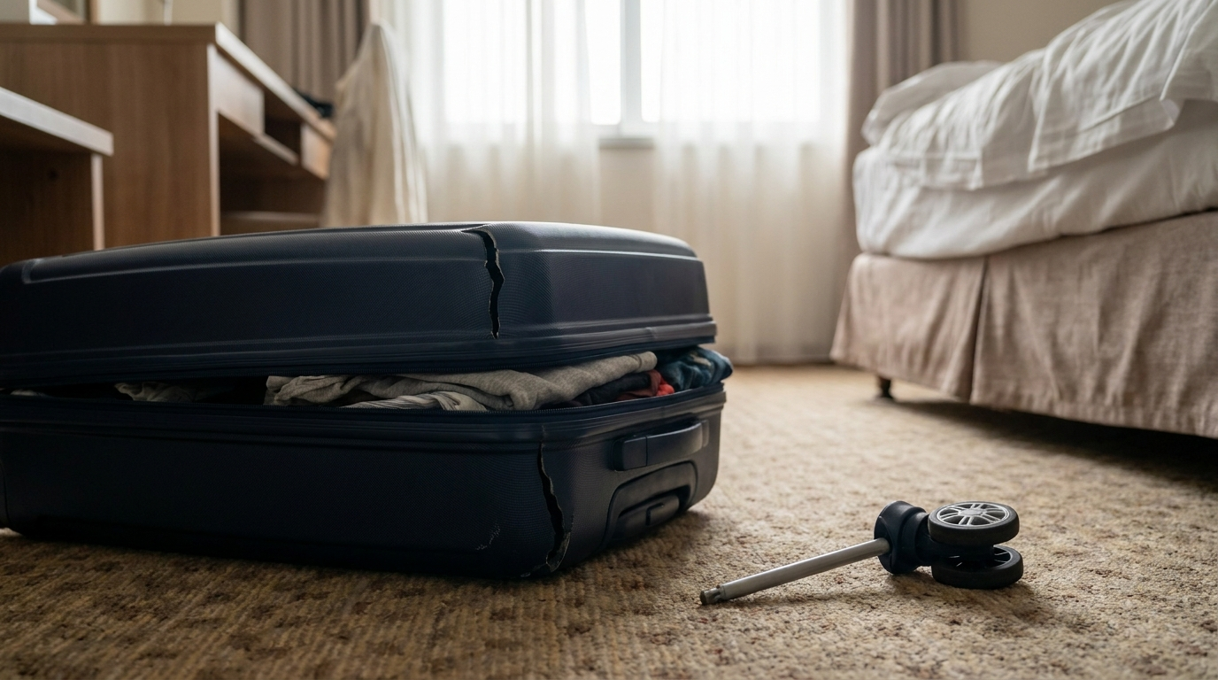 Broken suitcase Seoul with a detached wheel and cracked shell