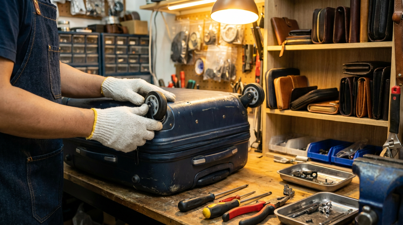 Suitcase repair Seoul technician fixing a broken suitcase wheel