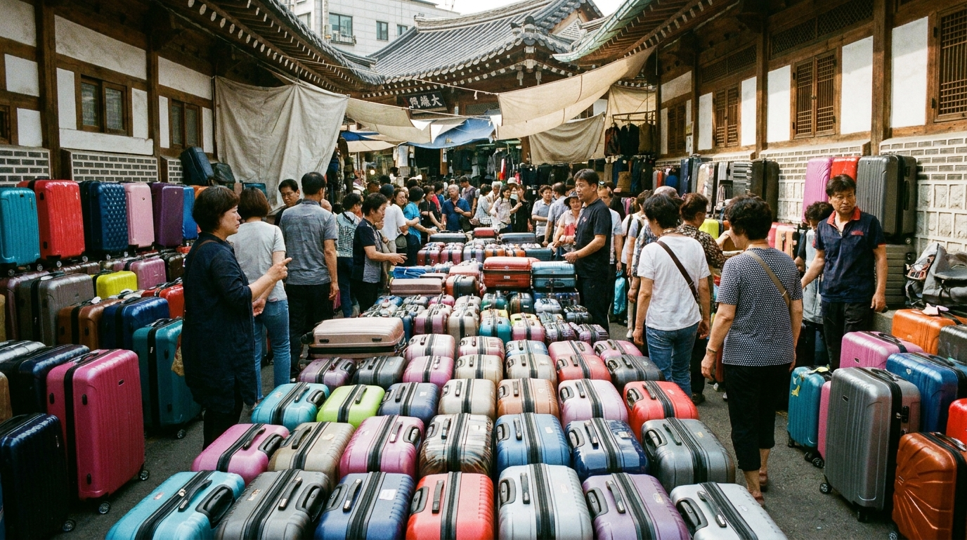 Emergency suitcase Seoul replacement bags at a Namdaemun market stall
