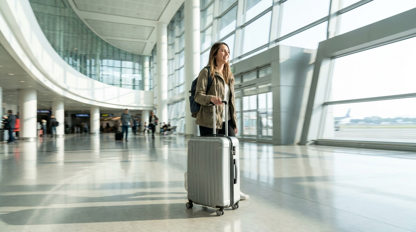 Traveler rolling a fixed suitcase to the airport after a broken suitcase Seoul repair