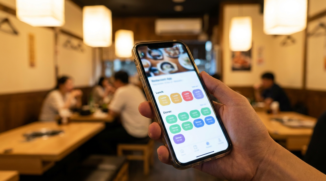Korea restaurant reservation service shown on a smartphone app in a Seoul restaurant