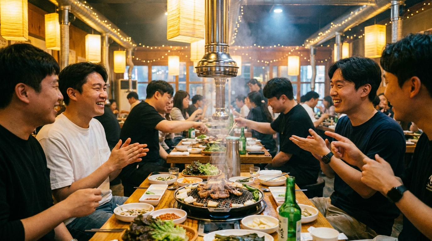 Korea restaurant reservation service booking confirmed at a busy Korean BBQ restaurant