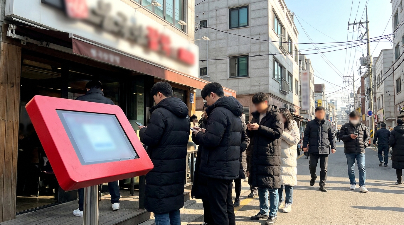 Tabling kiosk waitlist outside a restaurant, an alternative to a Korea restaurant reservation service