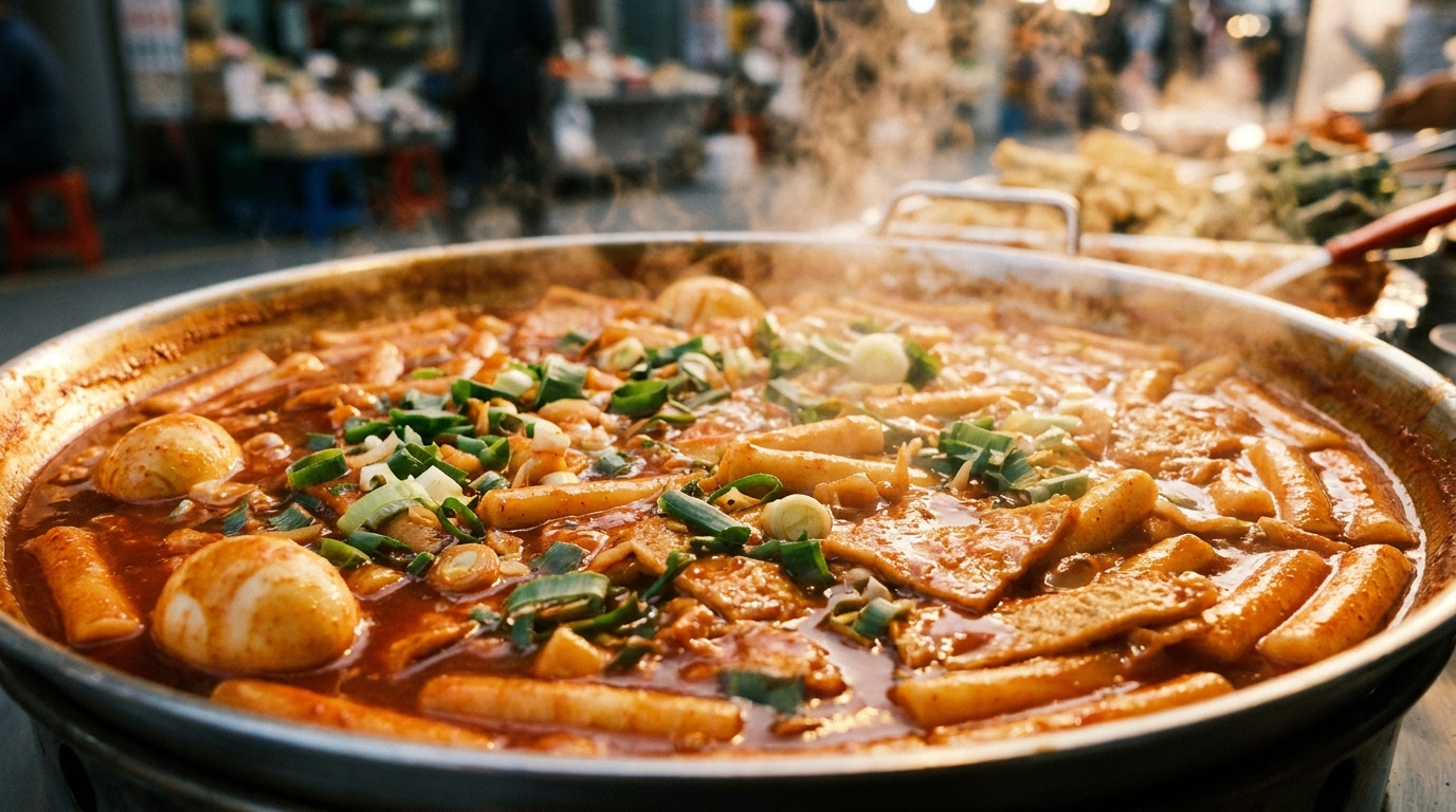 Classic Korean tteokbokki spicy rice cakes simmering in red sauce