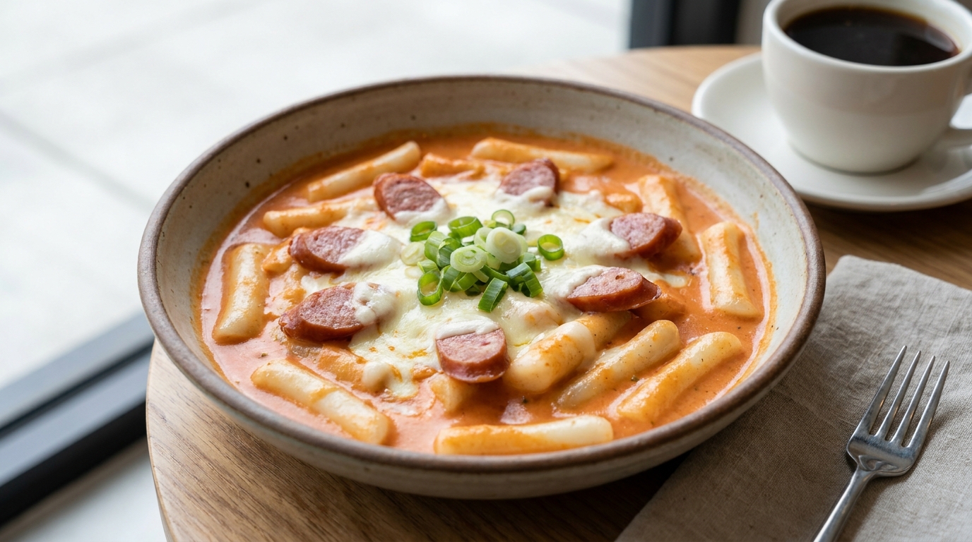 Creamy rose tteokbokki Korean rice cakes topped with melted cheese