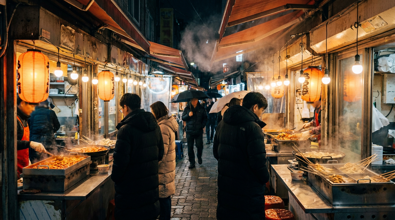 Lively Seoul food alley at night with small tteokbokki restaurants and warm lanterns