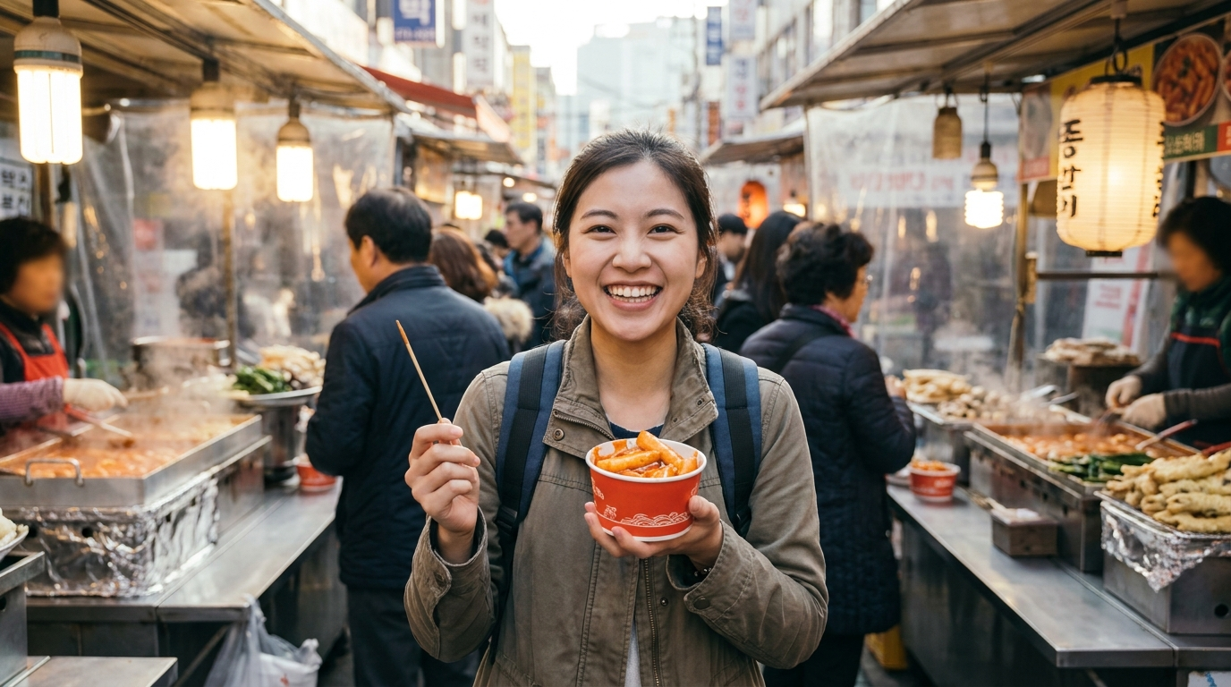 Tourist holding a paper cup of spicy tteokbokki Korean rice cakes at a street market