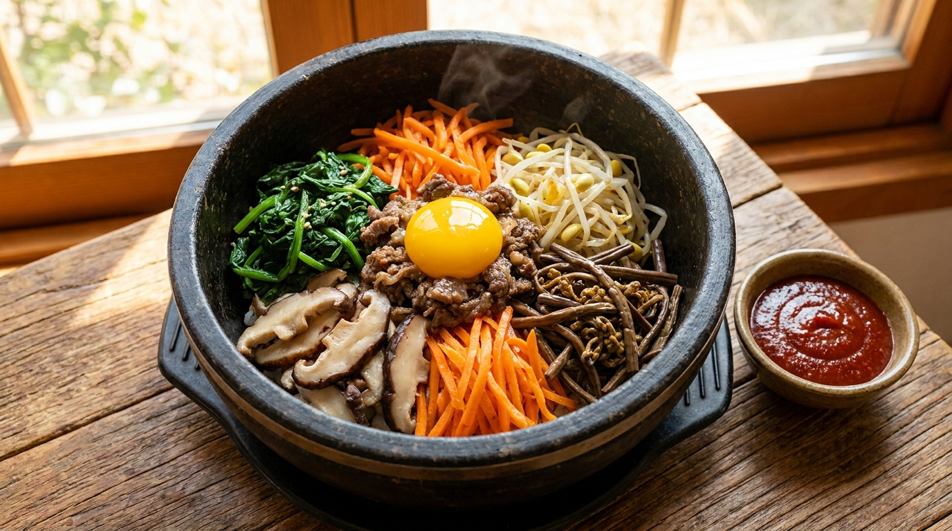 Korean bibimbap in a sizzling dolsot stone pot topped with vegetables and egg