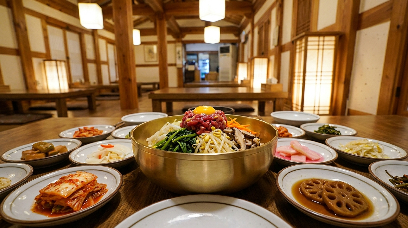 Traditional Jeonju Korean bibimbap in a brass bowl with banchan side dishes
