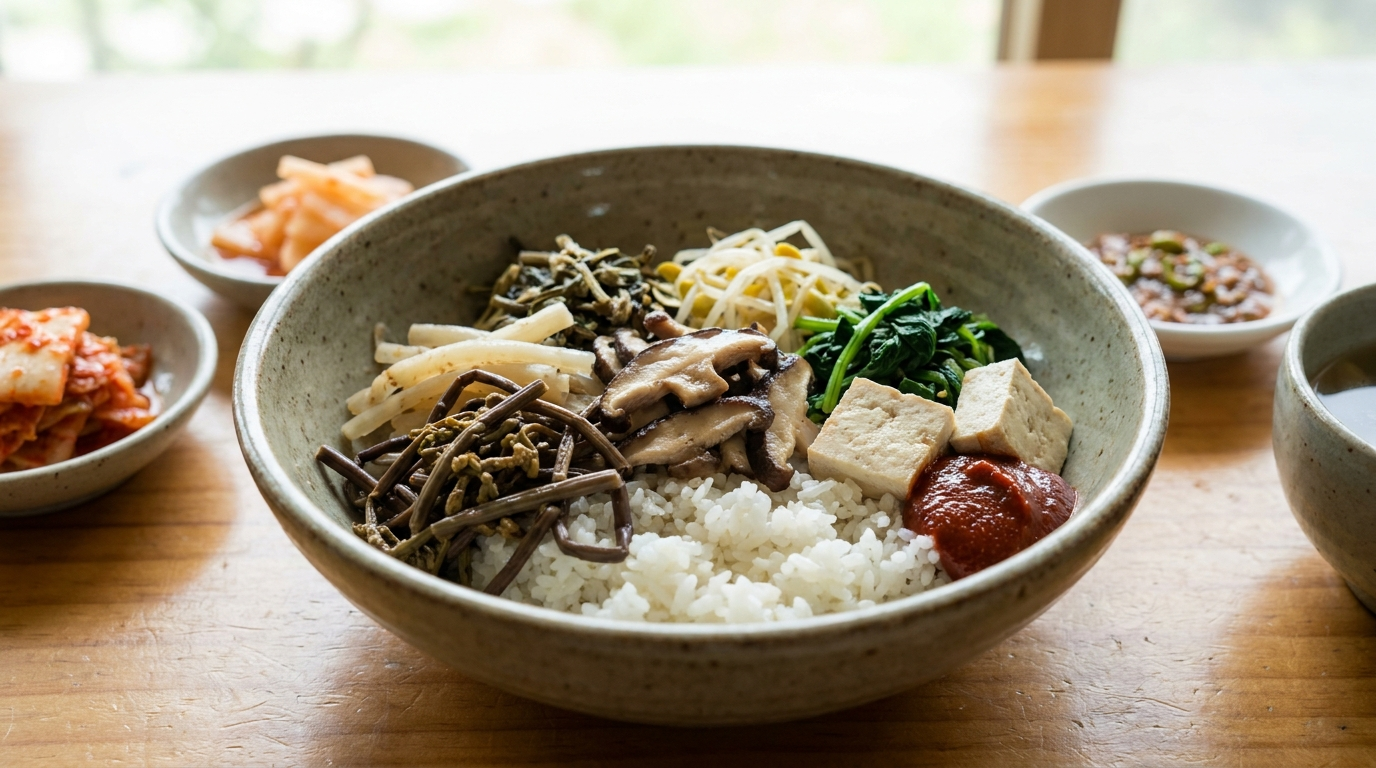Vegetarian temple-style Korean bibimbap with mountain vegetables and tofu