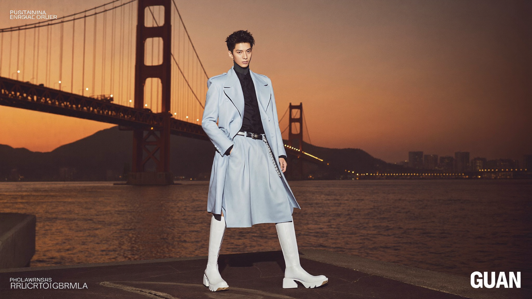 K-pop artist in Busan harbor setting with Gwangandaegyo bridge at sunset
