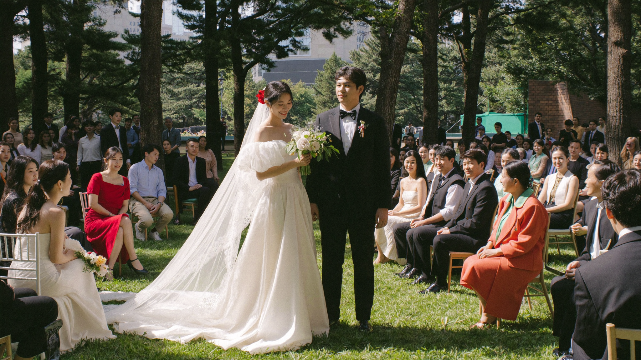 Korean couple having a low-cost public wedding venue ceremony in a Seoul park