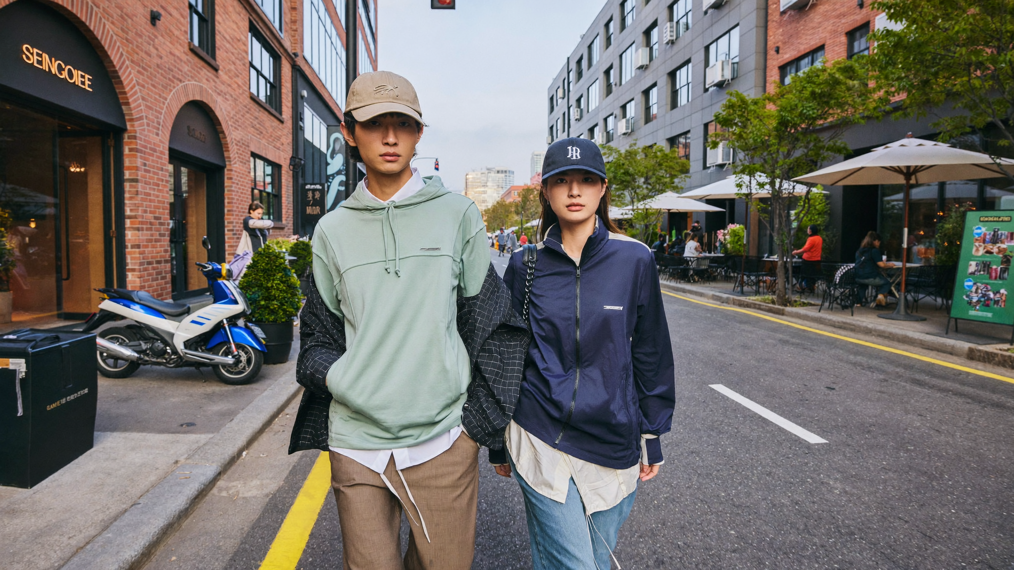 Young Koreans in trendy gorpcore streetwear walking through Seongsu-dong Seoul fashion district