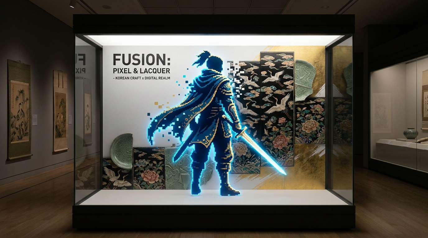Conceptual art fusing Korean video game characters with traditional Korean lacquerware and hwagak craft