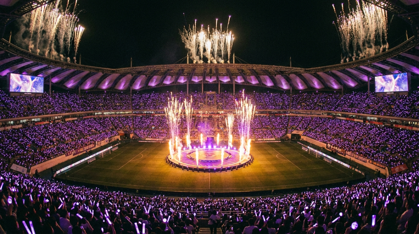 BTS World Cup halftime show concept: stadium filled with purple light sticks at night