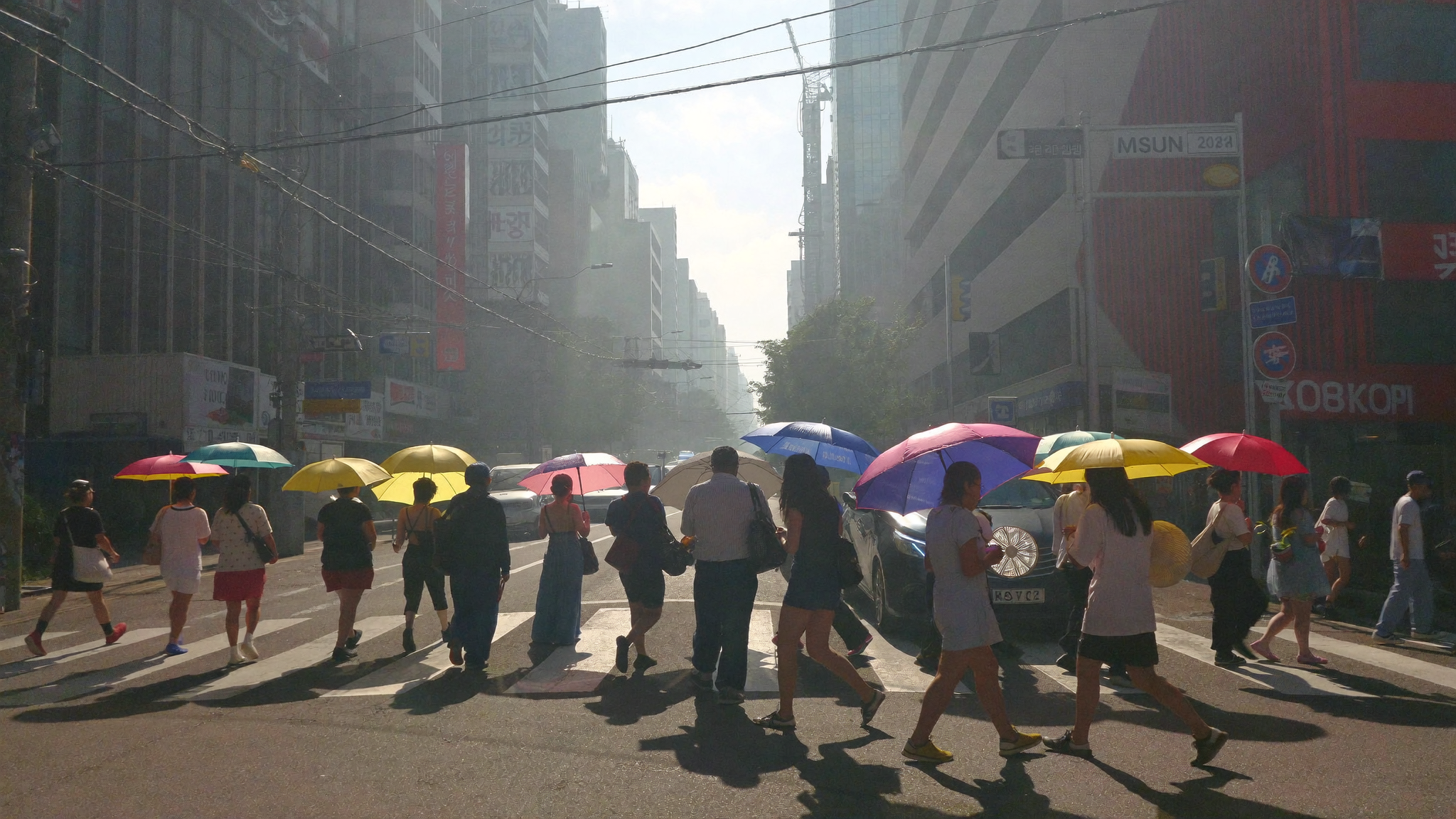 Korea heat wave: Seoul crosswalk with people carrying parasols and hand fans in summer