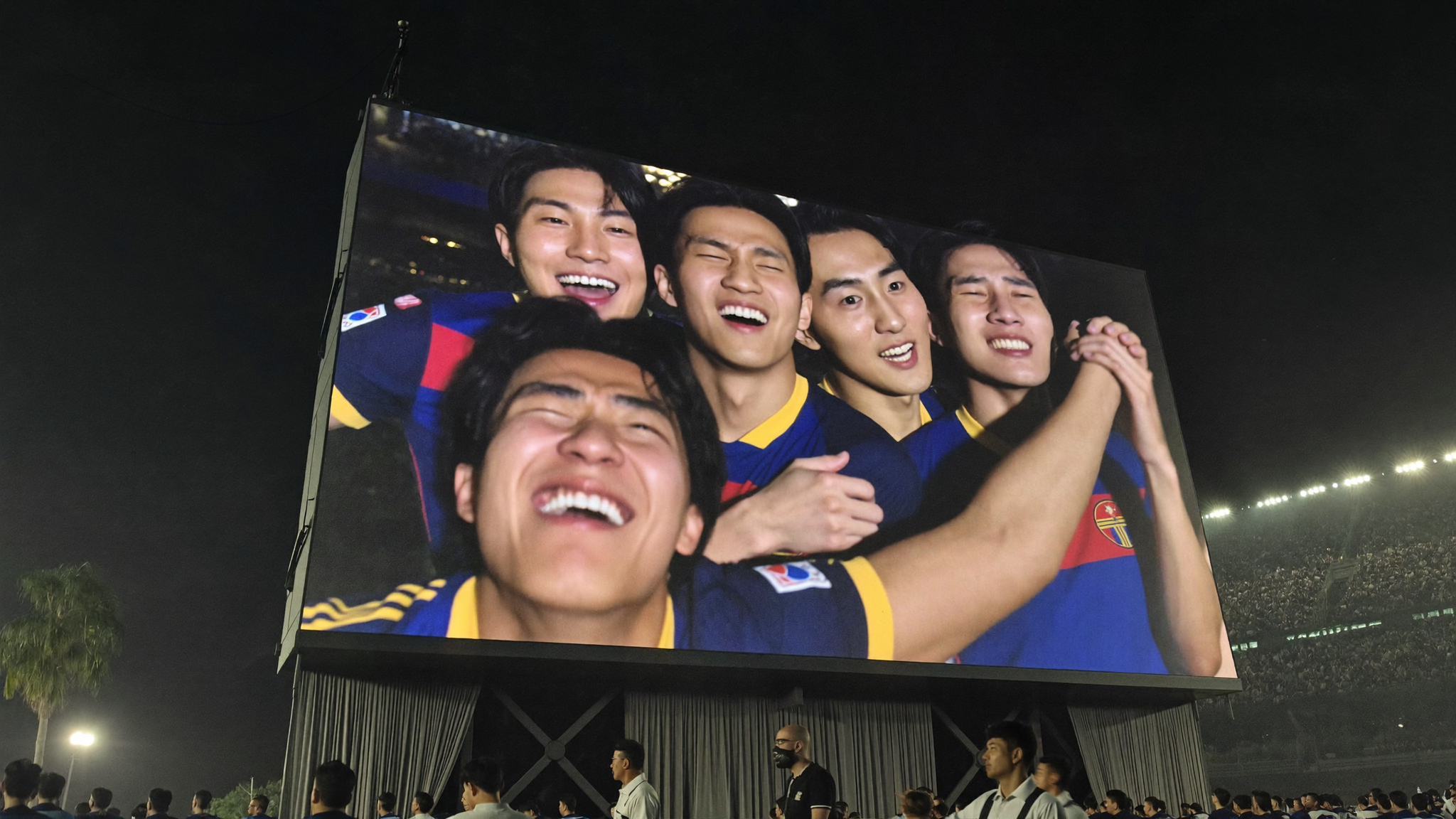 ソウルの広場でW杯を観戦する赤いユニホームの韓国サポーターたち