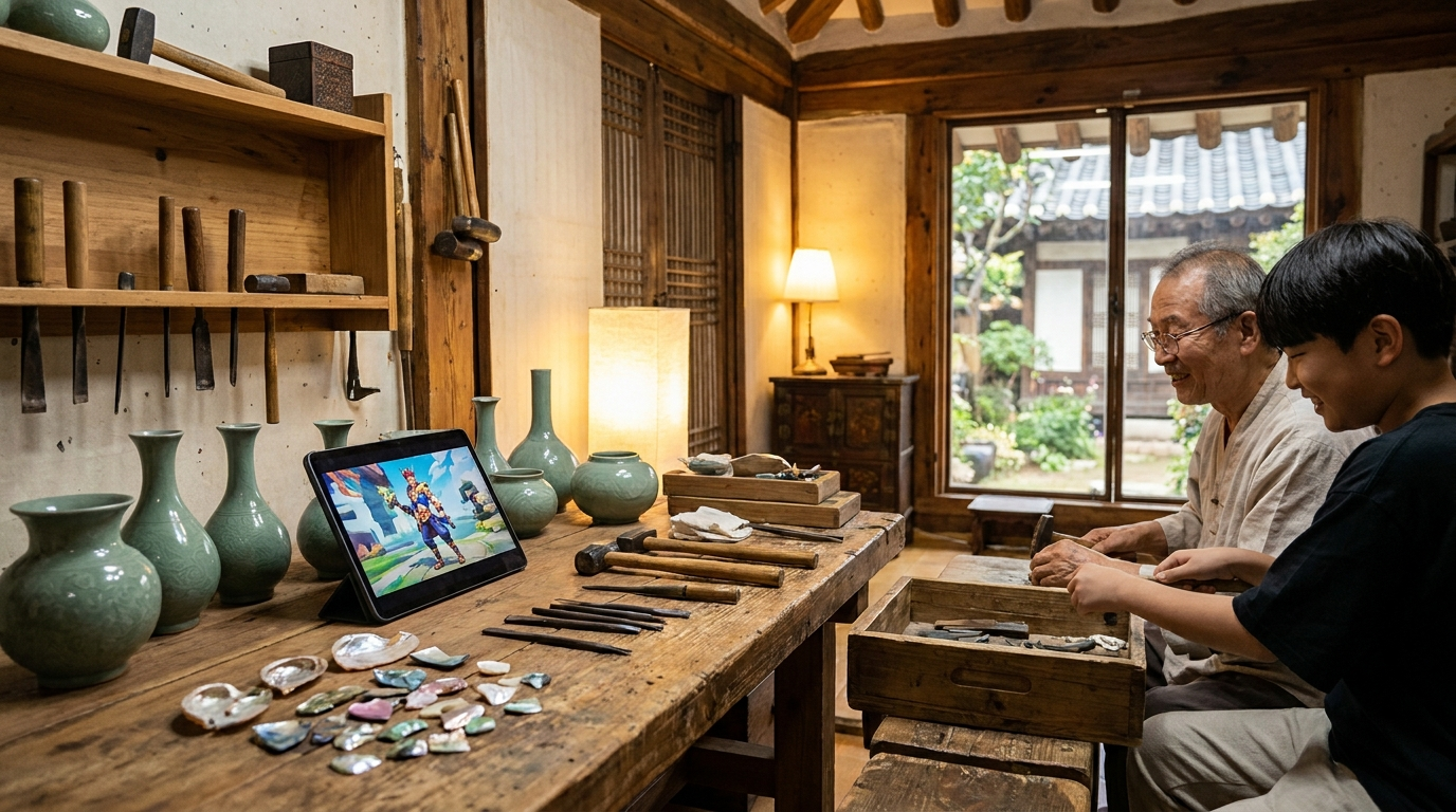 陶芸や道具とデジタルキャラクターデザインが並ぶ韓国の工芸匠人の工房