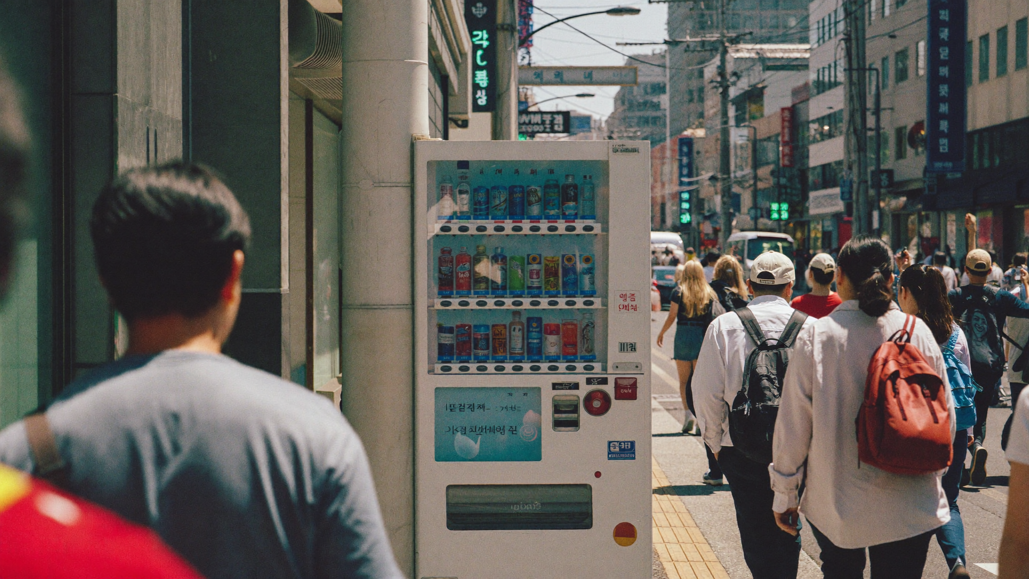 Free water vending machine on a busy Itaewon street in Seoul during summer heat wave
