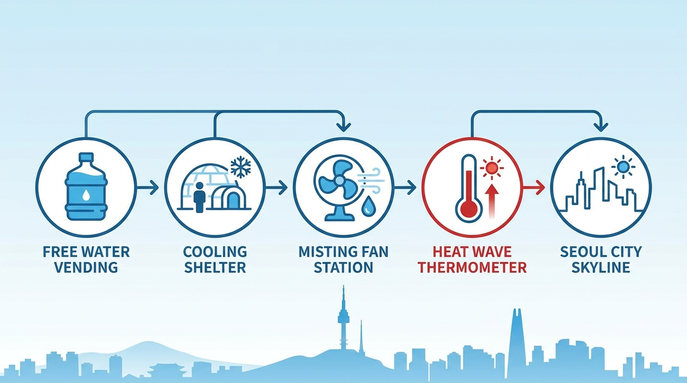 Infographic of Korea's public heat wave infrastructure including free water vending machines and cooling shelters