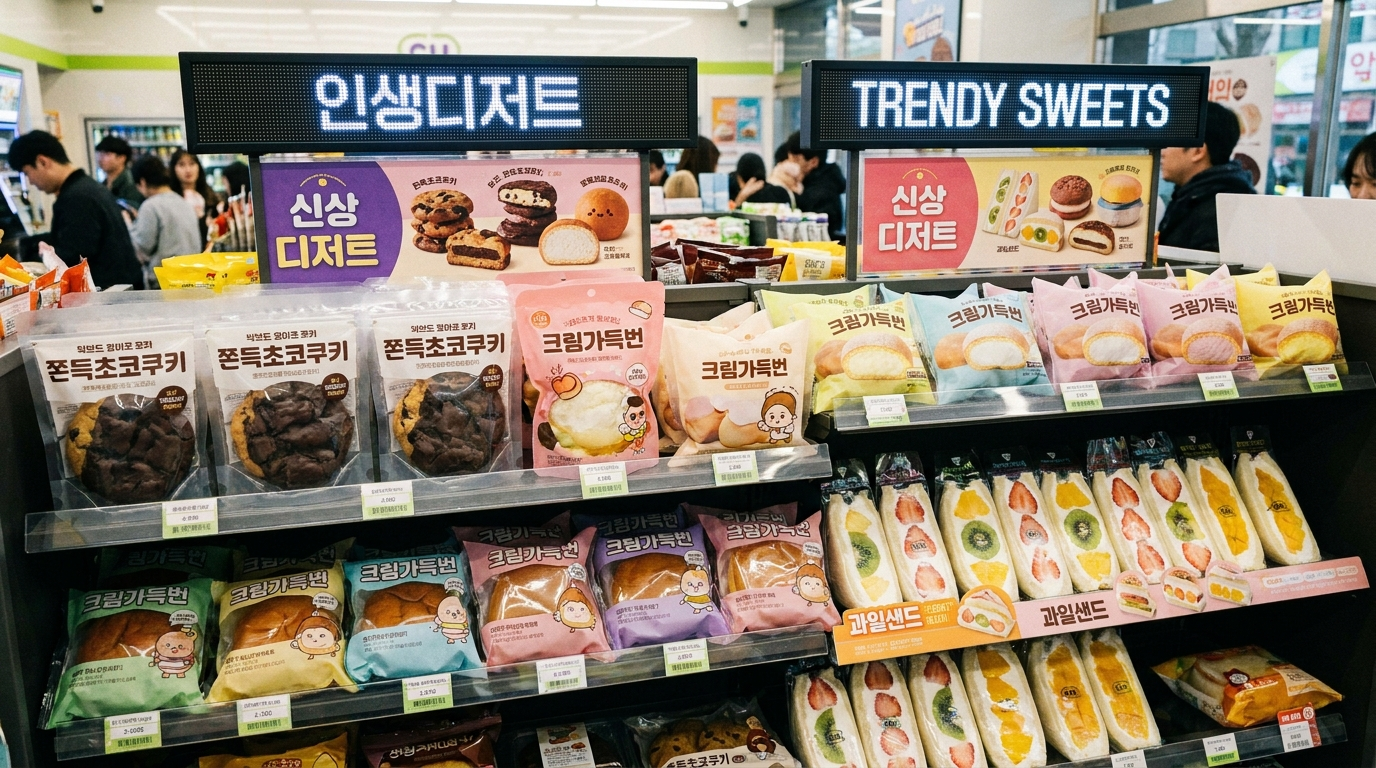 Korean convenience store shelf packed with viral Dujjonku Dubai chewy cookies and trendy desserts