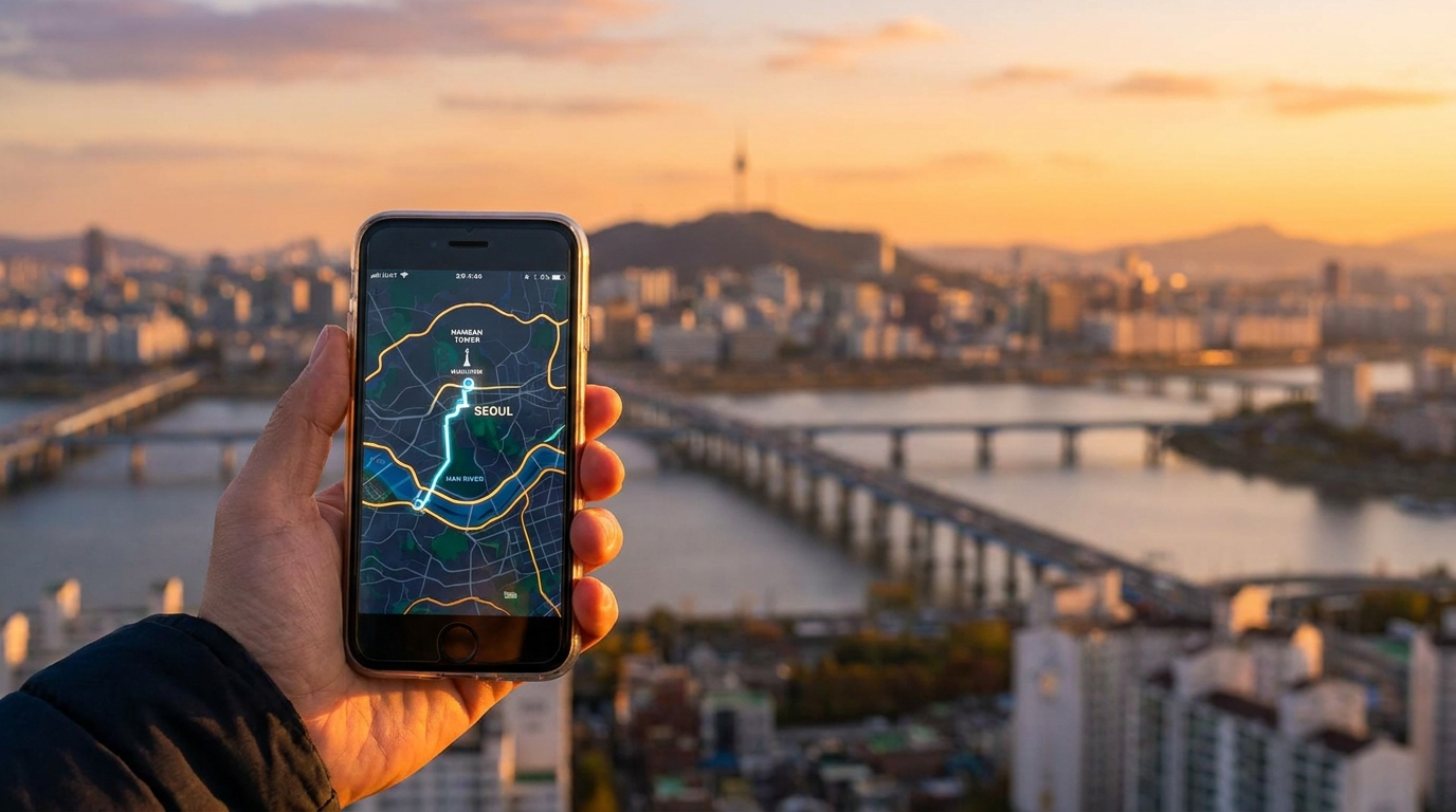 Korea travel apps on a smartphone with the Seoul skyline in the background
