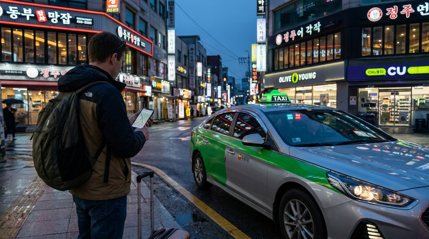 Tourist using a ride-hailing app, one of the top Korea travel apps for getting a taxi