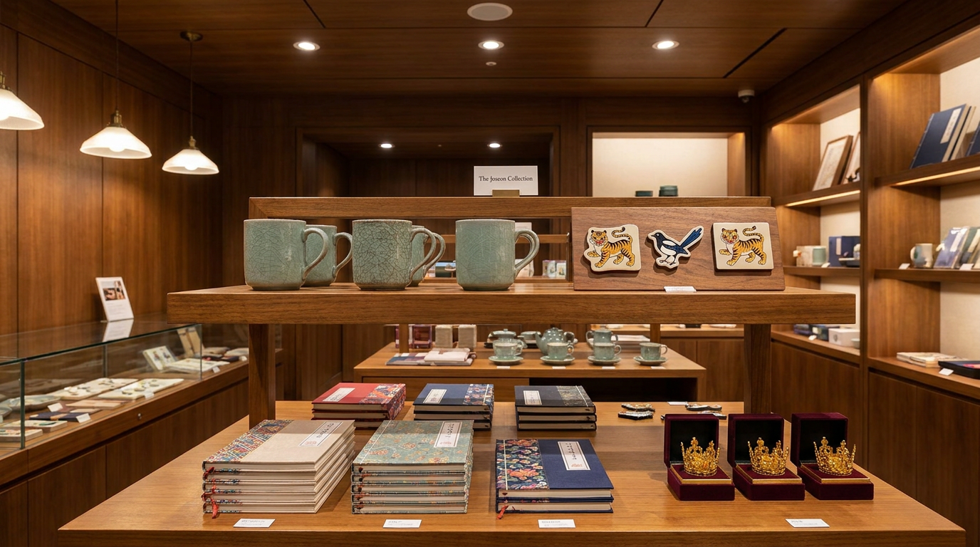 Korean museum merch display - MU:DS style heritage goods with celadon mugs and traditional Korean design souvenirs