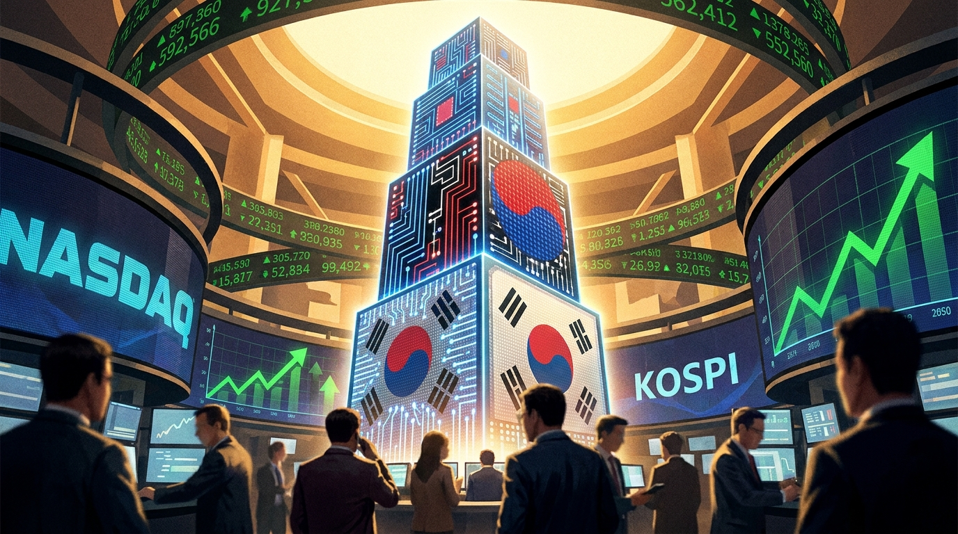 SK Hynix Nasdaq debut concept — giant memory chip rising over a stock exchange trading floor