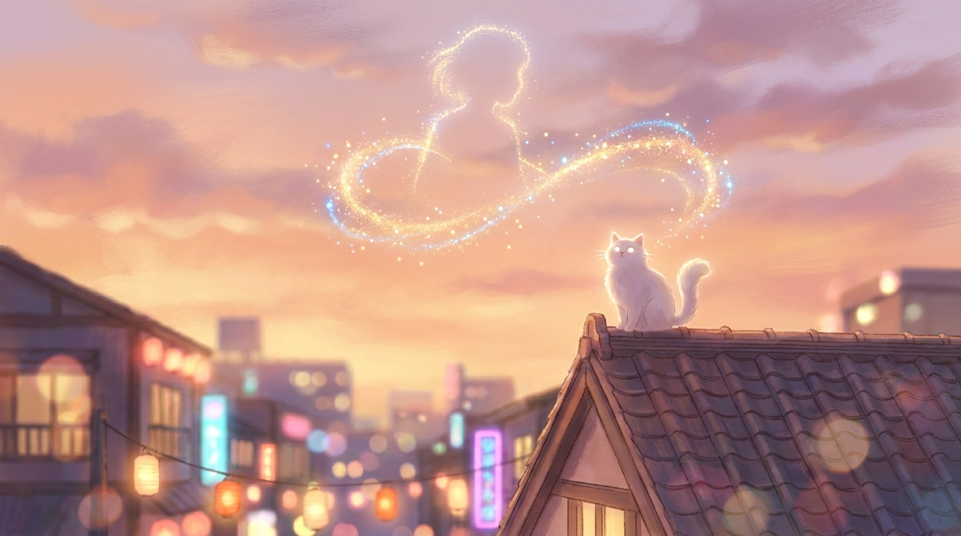 Sana movie debut concept — a white cat on a Tokyo rooftop evoking the fantasy romance Nyangi