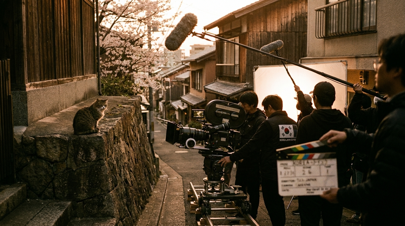 Korea-Japan co-production film set — behind the scenes of a movie like Nyangi starring Sana