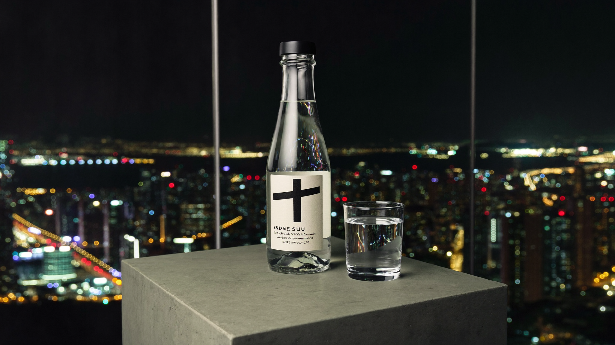 BTS V 焼酎大使のイメージ、ソウルの夜のバーに置かれた焼酎ボトルとグラス